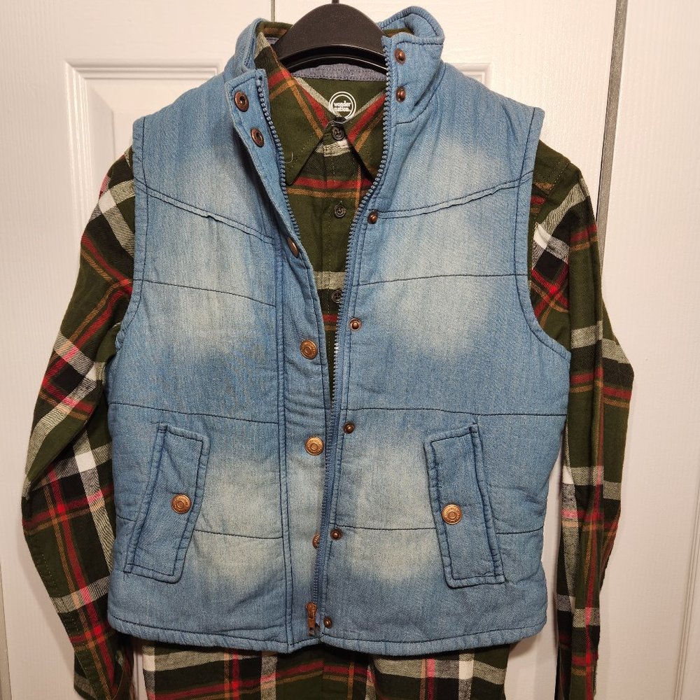 2 For 1 Price Wonder Nation Mossy Green Shirt and Last Kiss Blue Wash Puff Vest